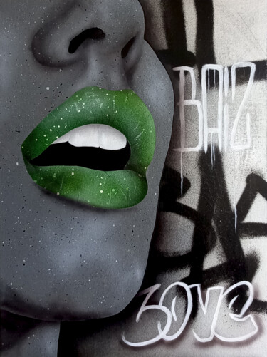 Painting titled "Green lips" by Baiz Bass, Original Artwork, Acrylic Mounted on Wood Stretcher frame