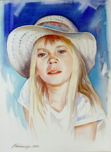 Картина под названием "Портрет девочки в б…" - Valerij Makovoj, Подлинное произведение искусства, Акварель