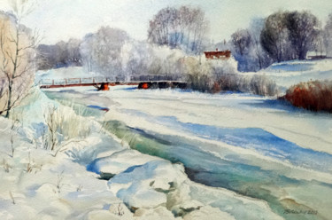 Картина под названием "Зима на реке Олекте…" - Valerij Makovoj, Подлинное произведение искусства, Акварель