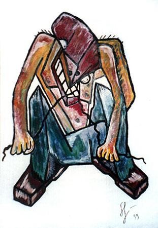 Peinture intitulée "Le mangeur de fil" par Bajou, Œuvre d'art originale, Huile