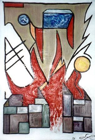 Peinture intitulée "Le feu dans la ville" par Bajou, Œuvre d'art originale, Huile