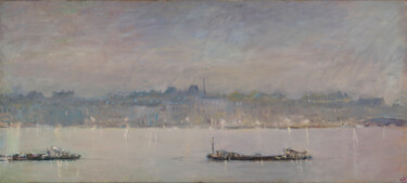 Painting titled "Barges on the Neva.…" by Sergey Bakin, Original Artwork, Oil