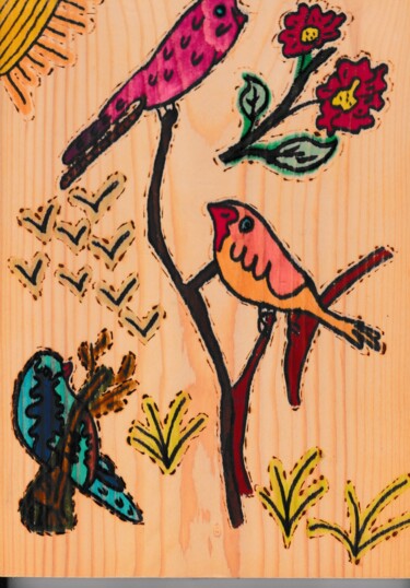 Prenten & gravures getiteld "Trois oiseaux sur d…" door Balavoine Sophie, Origineel Kunstwerk, Gravure