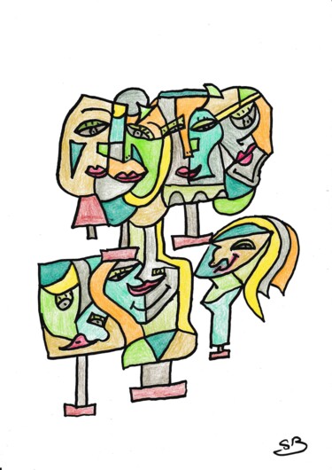 Zeichnungen mit dem Titel "ensemble de visages…" von Balavoine Sophie, Original-Kunstwerk, Pastell