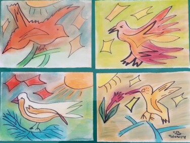 Painting titled "oiseaux colorés" by Balavoine Sophie, Original Artwork, Pastel Mounted on Cardboard