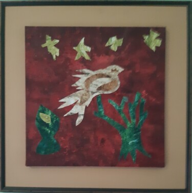 Collages titulada "oiseau tissu" por Balavoine Sophie, Obra de arte original, Tela Montado en Cartulina