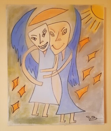 Painting titled "Personnages ailés e…" by Balavoine Sophie, Original Artwork, Pastel Mounted on Cardboard