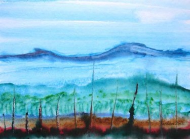 Peinture intitulée "Vignoble et lac" par Valentin, Œuvre d'art originale