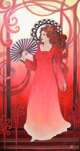 Red Art Nouveau Goddess Painting titled "Red Art Nouveau God…" by Emily Balivet, Original Art, Oil