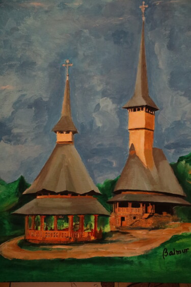 Painting titled "Eglises en bois (Ma…" by Mihai Murgulescu, Original Artwork, Acrylic Mounted on Wood Stretcher frame