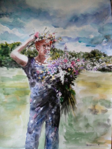 Картина под названием "Венок из полевых цв…" - Tatyana Chuprina, Подлинное произведение искусства, Акварель