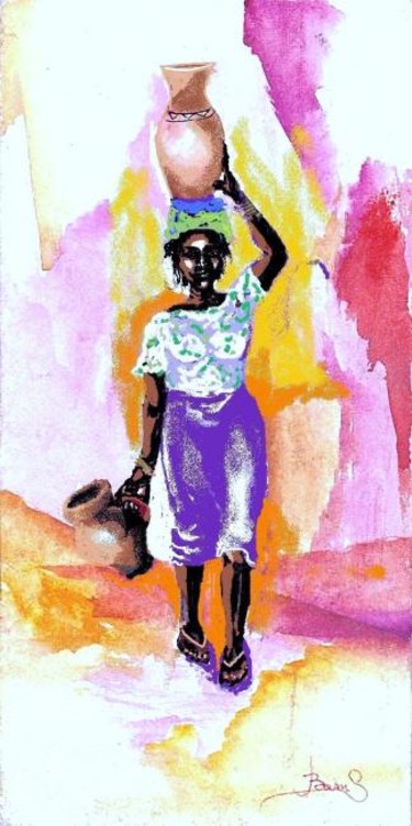 Peinture intitulée "porteuse d'eau" par Bamar Ndiaye, Œuvre d'art originale