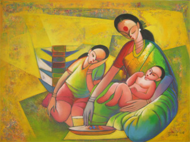 Painting titled "Village Life" by Bangar, Original Artwork