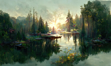 Digital Arts titled "A serene lake" by Bank3io, Original Artwork, Digital Painting