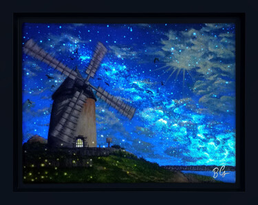 Painting titled "Dreamy Windmill  (d…" by Baptiste Gond (dualight art), Original Artwork, Acrylic Mounted on Wood Stretcher…