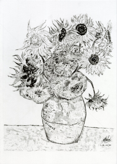 Tekening getiteld "VanGogh Sunflowers" door Baptiste Molard (ArtBat), Origineel Kunstwerk, Inkt