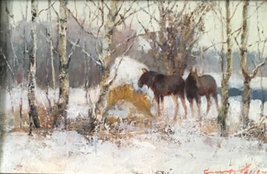 Painting titled "Зимка" by Galina Baranova, Original Artwork, Oil