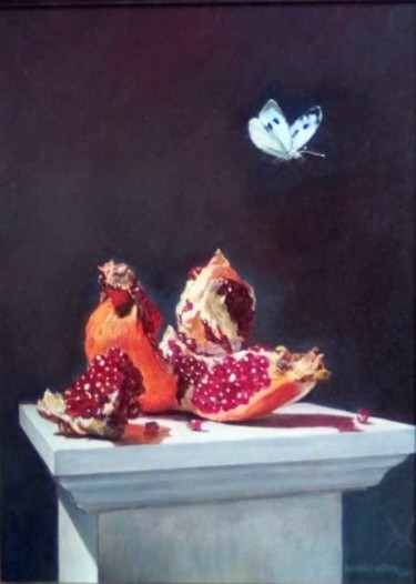Картина под названием "Гранаты и бабочка" - Galina Baranova, Подлинное произведение искусства, Масло