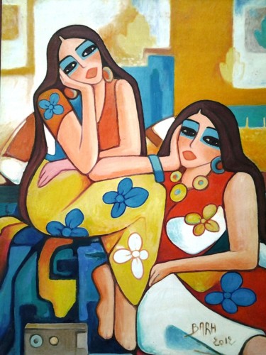 Peinture intitulée "Deux soeurs" par Ahmed Salah Bara, Œuvre d'art originale, Huile