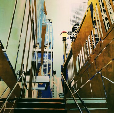 Painting titled "Wall Street at Dawn" by Zsombor Barakonyi, Original Artwork, Acrylic Mounted on Wood Panel