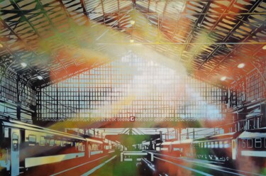 Malerei mit dem Titel "Waiting for a train…" von Zsombor Barakonyi, Original-Kunstwerk, Acryl Auf Holzplatte montiert