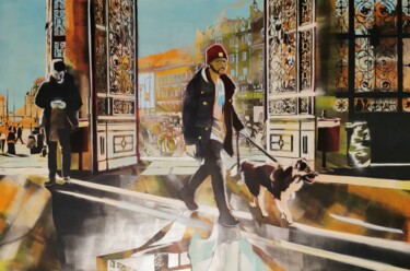 Malerei mit dem Titel "A walk with the dog" von Zsombor Barakonyi, Original-Kunstwerk, Acryl Auf Holzplatte montiert
