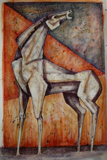 Pittura intitolato "giovane cavallo" da Orazio Barbagallo, Opera d'arte originale, Acquarello