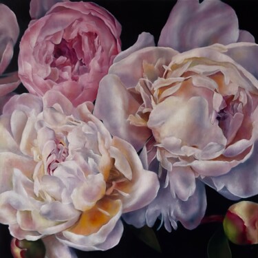 Painting titled "Peonies" by Barbara Ābeltiņa, Original Artwork, Oil Mounted on Wood Stretcher frame