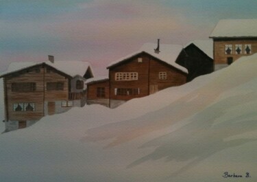Painting titled "Chalets au-dessus d…" by Barbara B., Original Artwork, Watercolor Mounted on Cardboard