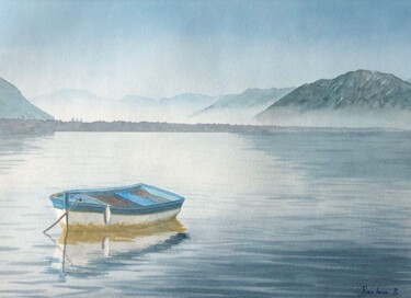 Painting titled "Quiétude sur le lac" by Barbara B., Original Artwork, Watercolor Mounted on Cardboard