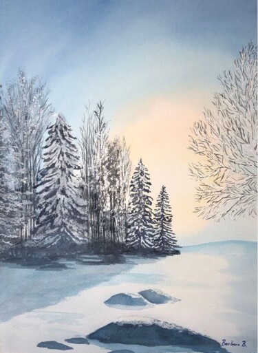 Картина под названием "Lumière d'hiver (Ch…" - Barbara B., Подлинное произведение искусства, Акварель