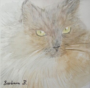 Painting titled "Chat Aux Yeux Jaunes" by Barbara B., Original Artwork, Watercolor