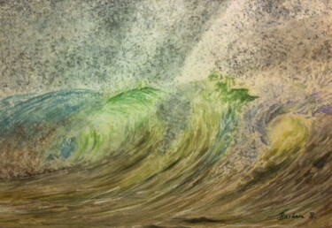 Painting titled "Où est le Surfeur ?…" by Barbara B., Original Artwork, Watercolor Mounted on Cardboard