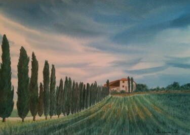 Painting titled "Cyprès en Toscane" by Barbara B., Original Artwork, Watercolor Mounted on Cardboard