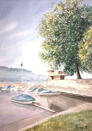 Painting titled "Lac en Sommeil (La…" by Barbara B., Original Artwork, Watercolor Mounted on Cardboard
