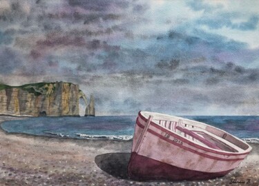 Painting titled "La Barque Solitaire…" by Barbara B., Original Artwork, Watercolor Mounted on Cardboard