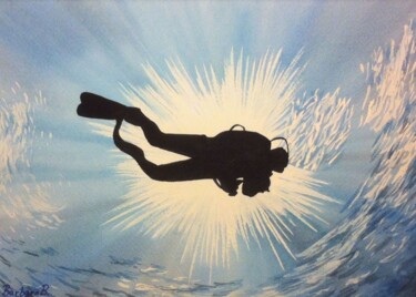 Peinture intitulée "Le Plongeur" par Barbara B., Œuvre d'art originale, Aquarelle Monté sur Carton