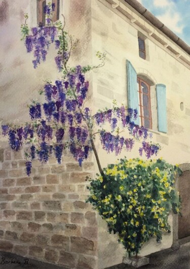 Painting titled "Cascade de Glycines…" by Barbara B., Original Artwork, Watercolor Mounted on Cardboard