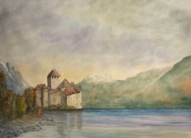 Painting titled "Un Château, Chillon…" by Barbara B., Original Artwork, Watercolor Mounted on Cardboard