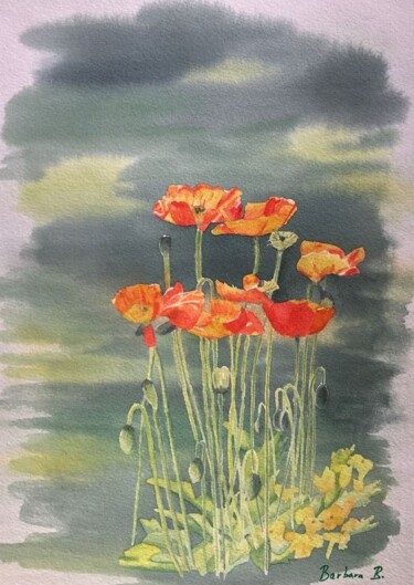 Painting titled "Gentils Coqu'licots…" by Barbara B., Original Artwork, Watercolor Mounted on Cardboard