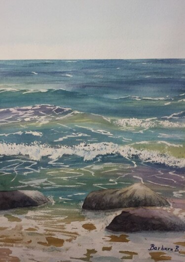 Painting titled "3 Stones By The Sea" by Barbara B., Original Artwork, Watercolor Mounted on Cardboard