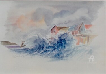 Painting titled "Brandung am Pier" by Barbara Dominé, Original Artwork, Watercolor