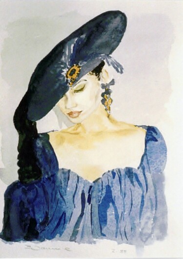 Malerei mit dem Titel "Dame mit Hut" von Barbara Dominé, Original-Kunstwerk, Aquarell