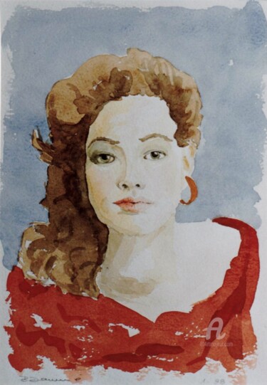 Malerei mit dem Titel "Dame in Rot" von Barbara Dominé, Original-Kunstwerk, Aquarell