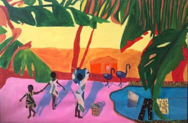 Ζωγραφική με τίτλο "Cuban laundry" από Barbara Friehs, Αυθεντικά έργα τέχνης, Ακρυλικό Τοποθετήθηκε στο Ξύλινο φορείο σκελετό