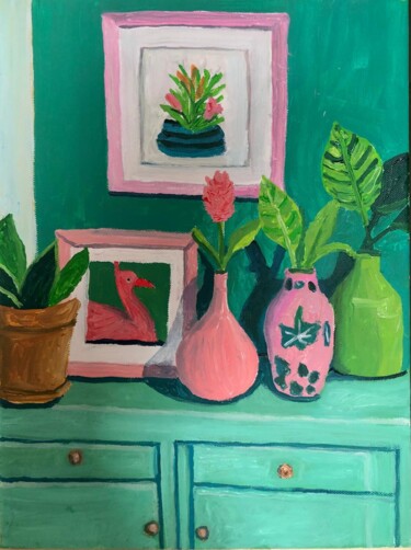 Painting titled "Flamingo and Floras" by Barbara Friehs, Original Artwork, Acrylic Mounted on Wood Stretcher frame