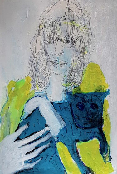 Dessin intitulée "Frau mit einer Katze" par Barbara Kroll, Œuvre d'art originale, Crayon