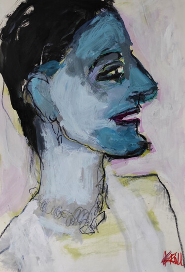 Malerei mit dem Titel "Frau mit Halskette" von Barbara Kroll, Original-Kunstwerk, Acryl
