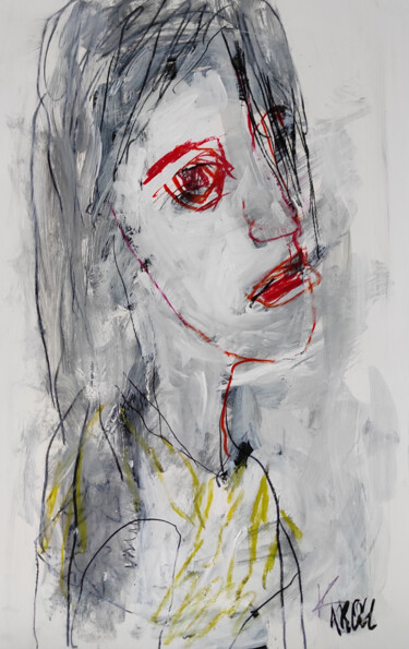 Рисунок под названием "Mädchen mit roten L…" - Barbara Kroll, Подлинное произведение искусства, Карандаш