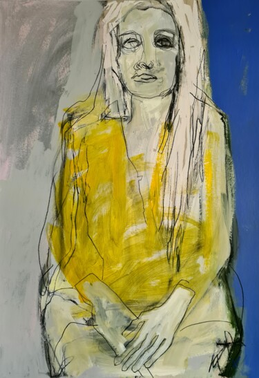 Dibujo titulada "Frau in gelber Bluse" por Barbara Kroll, Obra de arte original, Lápiz